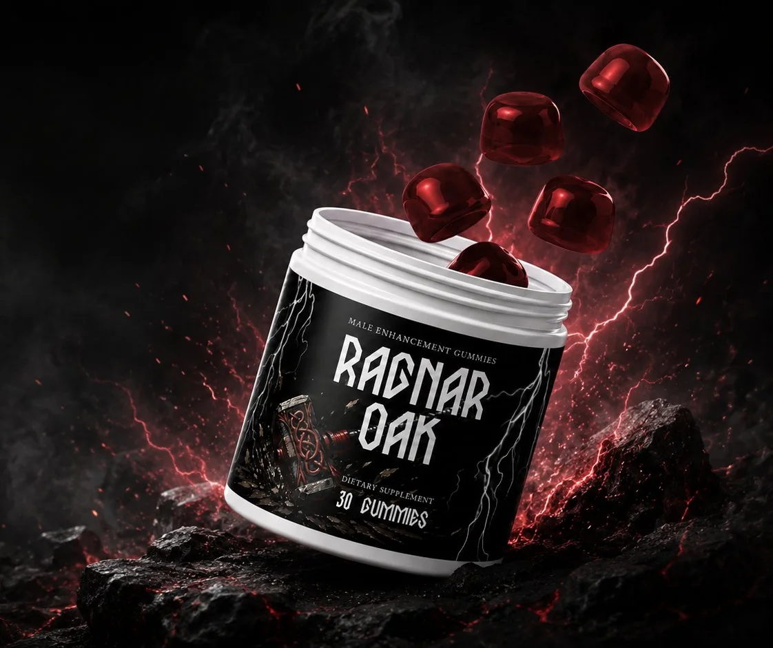 A RagnarOak jar lit from behind with red lightning and gummies suspended in the air, the manufacturer's promotional shot