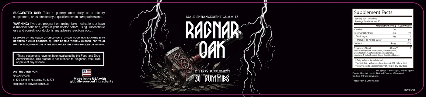 The full RagnarOak jar label: suggested use, warnings, distributor details and the Supplement Facts panel showing an 82 mg proprietary blend of nine components